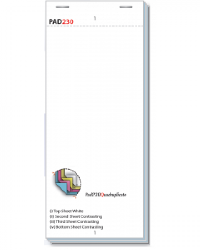 3¾” x 6½” (5½” tear out) 95mm x 165mm (141mm tear out) NCR Carbonless Quadruple Restautant Pads Boxed 50 Pads - PAD230Q-50