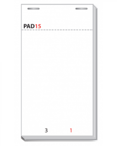 3” x 5½” (4½” tear out) 76mm x 140mm (114mm tear out) Two part end fold, 50 leaves in duplicate Carbon sheet fitted Boxed 50 Pads - PAD15-50